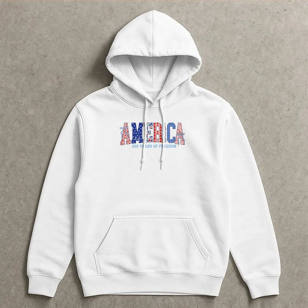 America 250 Years of Freedom Hoodie | Patriotic Red White Blue Patterned Letters | Soft Cotton-Polyester Blend | 4th of July Gift for Patriots