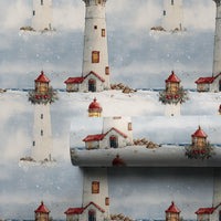 Coastal Nautical Holiday Gift Wrap, Snowy Lighthouse Christmas Wrapping Paper, Winter Wreath Wrapping Paper, Festive Wrapping Paper Roll