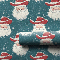 Rustic Teal Christmas Gift Wrap, Western Cowboy Santa Wrapping Paper, Country Santa Claus Wrapping Paper, Snowy Holiday Gift Wrapping Paper
