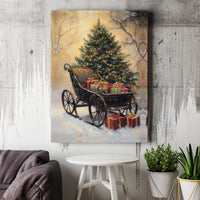 Snowy Tree and Presents Canvas Print, Vintage Christmas Sleigh Canvas Wall Art, Holiday Sleigh Wall Decor, Winter Season Festive Canvas Art