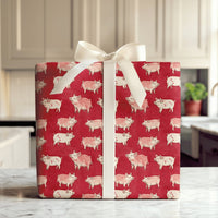 Farmhouse Animal Holiday Gift Wrap, Pink Pig Wrapping Paper, Whimsical Piglet Present Wrap, Adorable Red Pig Theme Christmas Wrapping Paper