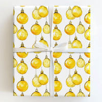 Gold Baubles Holiday Gift Wrap, Yellow Ornament Christmas Wrapping Paper, Watercolor Festive Wrapping Paper, Holiday Season Gift Wrap Roll