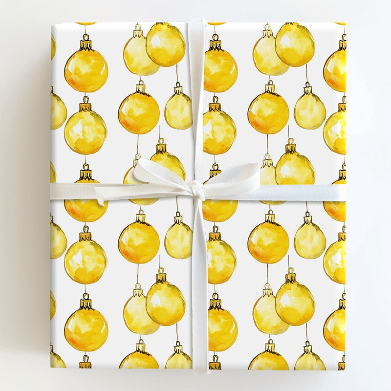 Gold Baubles Holiday Gift Wrap, Yellow Ornament Christmas Wrapping Paper, Watercolor Festive Wrapping Paper, Holiday Season Gift Wrap Roll