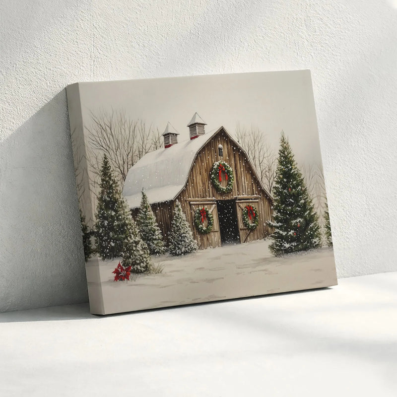 Rustic Winter Farmhouse Canvas Print, Snowy Christmas Barn Canvas Wall Art, Holiday Landscape Canvas Decor, Country Xmas Wall Art Present