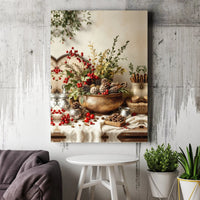 Pine Cones Berries Holiday Wall Art, Christmas Still Life Canvas Print, Winter Botanical Canvas, Christmas Wall Art, Seasonal Home Decor