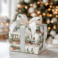 Snowy Pine Tree Holiday Gift Wrap Roll, Vintage Green Train Christmas Wrapping Paper, Retro Winter Present Paper, Kids Xmas Gift Wrap