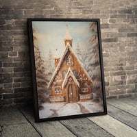 Snowy Winter Forest Canvas Print, Gingerbread House Church Canvas Wall Art, Holiday Landscape Canvas, Christmas Church Wall Decor