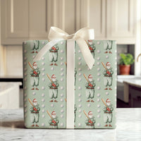 Vintage Baseball Gift Wrap, Baseball Santa Wrapping Paper, Sage Green Holiday Wrapping Paper, Sports Fan Christmas Gift Wrap Roll