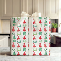 Adorable Holiday Gift Wrap Roll, Watercolor Christmas Gnome Wrapping Paper, Red Green White Present Paper, Whimsical Festive Gift Wrapping