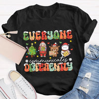 Festive Lights Neurodiversity Tee, Everyone Communicates Differently Christmas Shirt, SPED Teacher Holiday T-Shirt, ASL Xmas Present