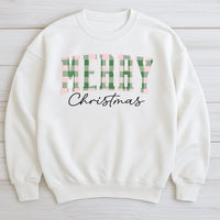 Green Buffalo Plaid Holiday Sweater, Merry Christmas Sweatshirt, Vintage Xmas Lettering Crewneck, Family Winter Pullover