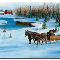 Rustic Horse Drawn Snow Scene Wall Art, Winter Sleigh Barn Metal Sign, Vintage Farmhouse Holiday Metal Plaque, Christmas Decor Present