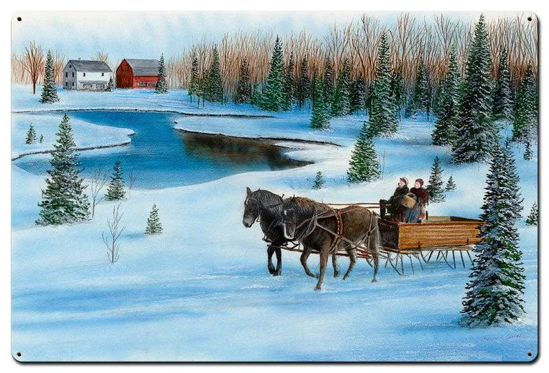 Rustic Horse Drawn Snow Scene Wall Art, Winter Sleigh Barn Metal Sign, Vintage Farmhouse Holiday Metal Plaque, Christmas Decor Present