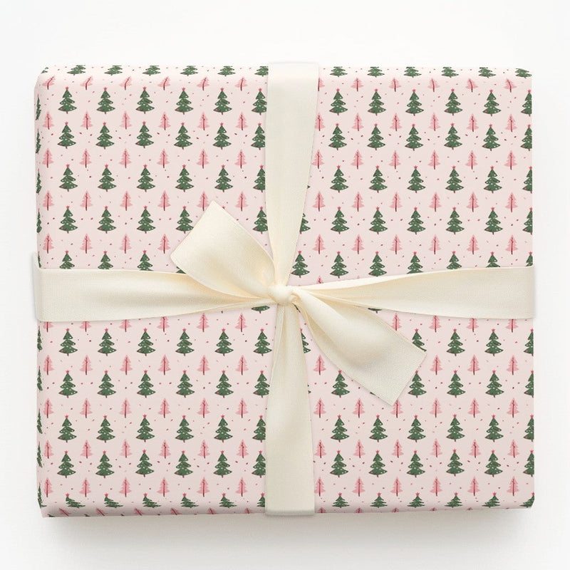 Retro Holiday Tree Gift Wrap, Pink and Green Christmas Tree Wrapping Paper, Colorful Xmas Wrapping Paper, Modern Present Roll