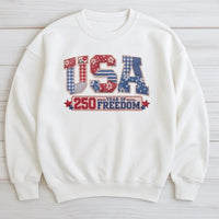 America 250th Anniversary Sweatshirt | Patchwork USA 250 Year of Freedom Design | Soft Cotton Polyester Blend | Patriotic Gift for History Lovers