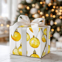 Gold Baubles Holiday Gift Wrap, Yellow Ornament Christmas Wrapping Paper, Watercolor Festive Wrapping Paper, Holiday Season Gift Wrap Roll