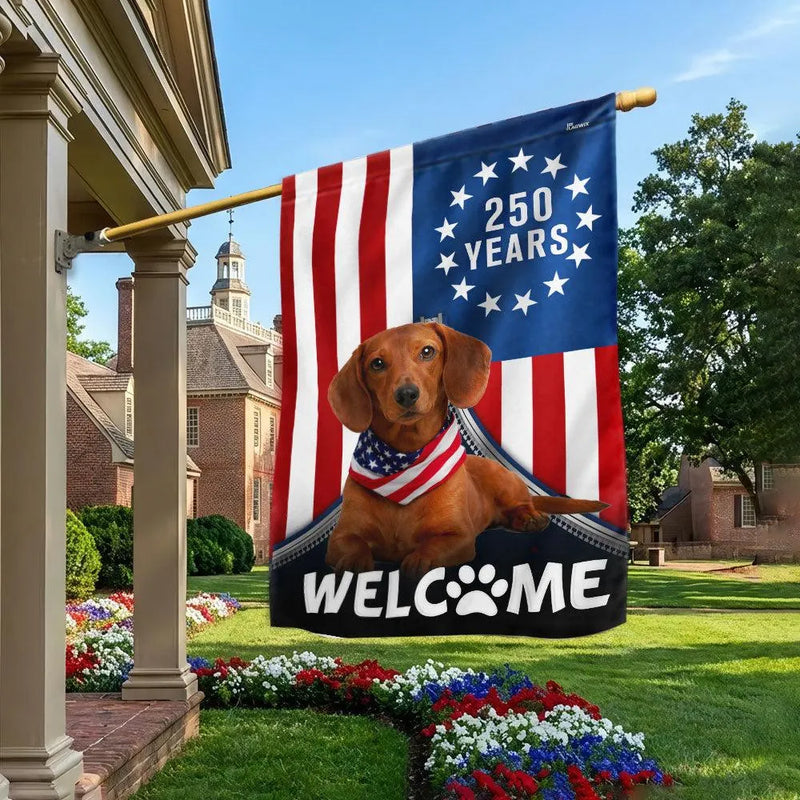 Dachshund Garden Flag Patriotic Welcome | 250 Years Betsy Ross Design | Double-Sided Polyester | Dog Lover Gift
