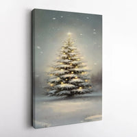 Glowing Winter Landscape Wall Art, Snowy Christmas Tree Wall Art Print, Christmas Oil Painting Print, Canvas Wall Art Digital Download