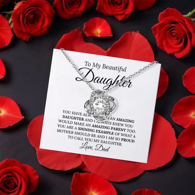 CZ Crystal Love Knot Pendant, Daughter Love Knot Necklace from Dad, Gold Love Knot Necklace, Birthday Jewelry Present, Christmas Present for Her