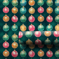 Retro Christmas Gift Wrap Roll, Disco Ball Ornament Wrapping Paper, Multicolor Holiday Present Paper, Dark Green Festive Gift Wrapping