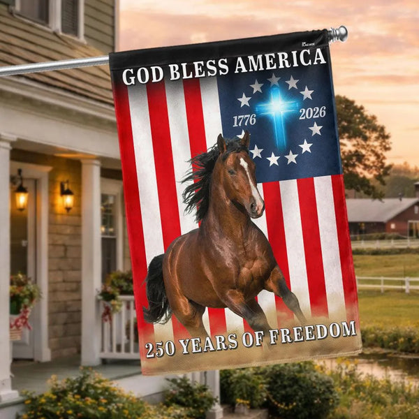 God Bless America Garden Flag | Patriotic Horse & Cross Design | 250 Years of Freedom 1776-2026 | Double-Sided Polyester Farm Flag
