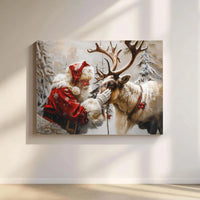 Whimsical Winter Forest Canvas Print, Santa Claus with Reindeer Canvas Wall Art, Festive Christmas Canvas Decor, Holiday Wall Art Canvas