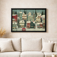 Comfy Winter Snow Village with Vintage Red Car Canvas Print, Christmas Village Wall Art, Holiday Snow Scene Poster, Digital Download