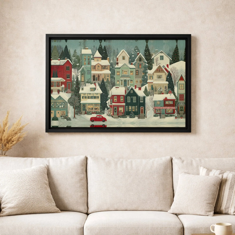 Comfy Winter Snow Village with Vintage Red Car Canvas Print, Christmas Village Wall Art, Holiday Snow Scene Poster, Digital Download
