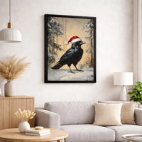 Winter Crow in Santa Hat Poster, Christmas Raven Wall Art Print, Spooky Holiday Bird Painting Decor, Digital Download Christmas Present