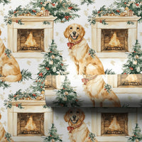 Dog Holiday Gift Wrap, Golden Retriever Christmas Wrapping Paper, Fireplace Dog Wrapping Paper, Adorable Puppy Gift Wrap, Pet Lover Present Wrap