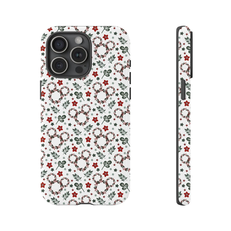 Botanical Holiday Flower Phone Cover, Festive Christmas Wreath iPhone Case, Dual Layer Tough Winter Xmas Hard Phone Case