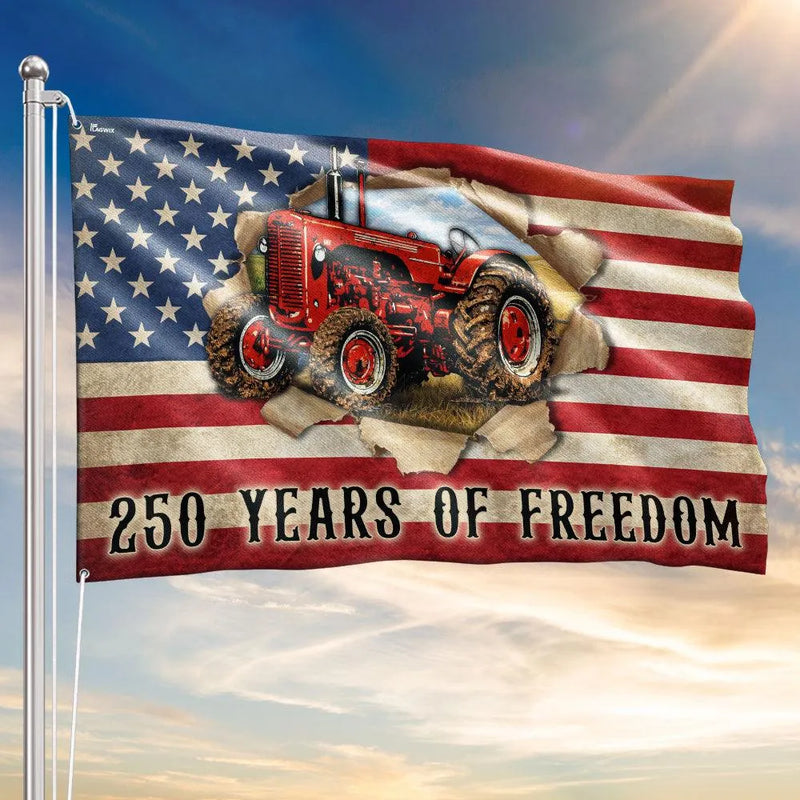 Red Tractor American Flag | 250 Years of Freedom Patriotic House Flag | Weather-Resistant Polyester | Farmer Gift