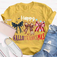 Halloween Thanksgiving Christmas Shirt, Happy Hallothanksmas Bow T-Shirt, Humorous Fall Holiday Mashup Graphic Tee, Autumn Coquette Top