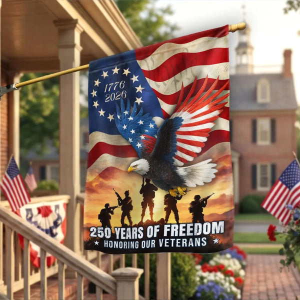 Veterans Day Garden Flag | 250 Years of Freedom Eagle & US Flag Design | Double-Sided Polyester | Patriotic Military Tribute Gift