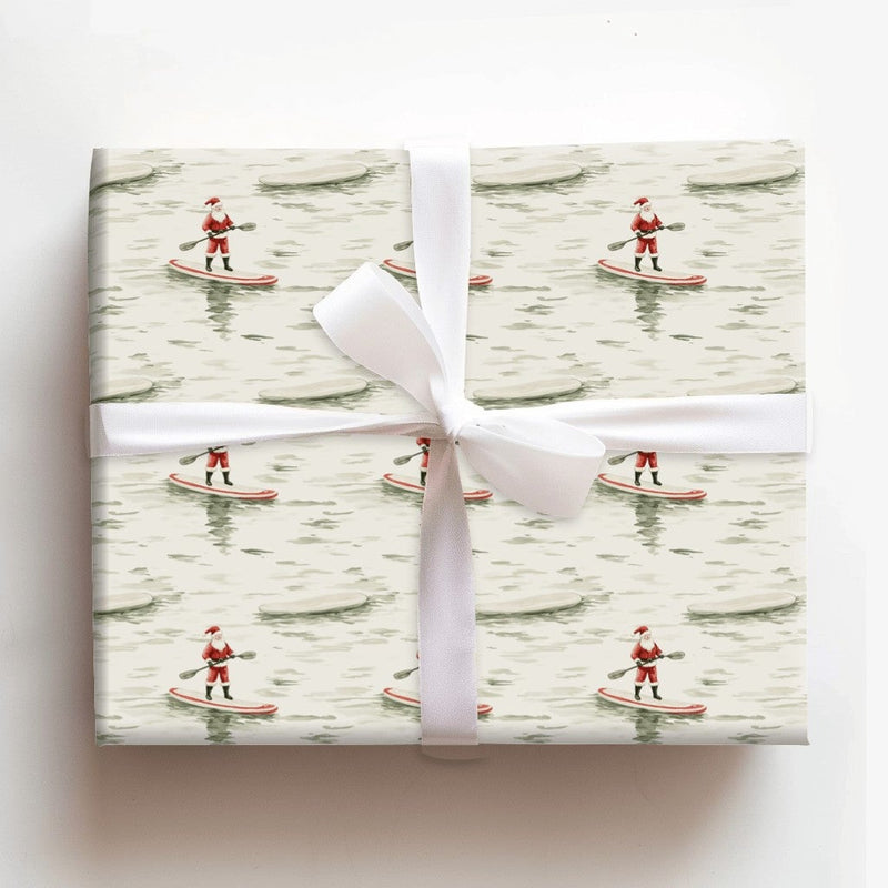 SUP Christmas Gift Wrap, Coastal Santa Paddleboard Wrapping Paper, Watercolor Nautical Holiday Wrap, Festive Seasonal Wrapping Paper Roll