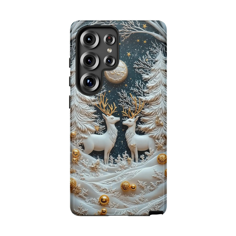 3D Reindeer Forest Phone Cover, Winter Deer Phone Case for Samsung Galaxy, Snowy Moonlit Christmas Wildlife Tough Phone Case