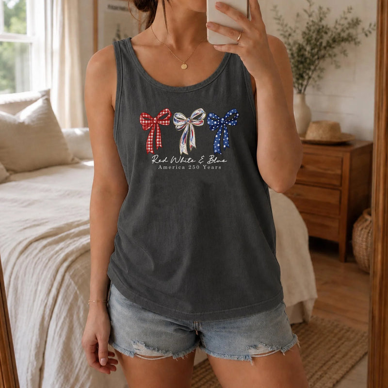 America 250 Years Tank Top | Patriotic Coquette Bow Design Red White Blue | Soft Breathable Cotton Blend | 4th of July Gift for Women