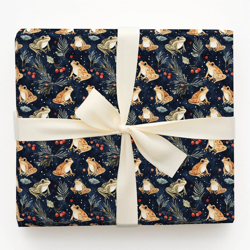 Botanical Nature Holiday Gift Wrap, Watercolor Frog Wrapping Paper, Christmas Frog Wrapping Paper, Winter Holly Berry Floral Wrapping Paper
