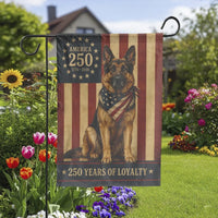 Patriotic German Shepherd Garden Flag | America 250 Years of Loyalty US Flag | Double-Sided Weather-Resistant Polyester | Vintage Military Dog Yard Decor Gift