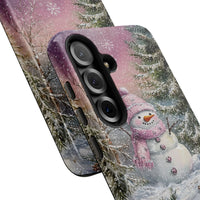 Winter Forest Snowy Landscape Phone Case, Whimsical Pink Snowman Samsung Phone Case, Dual Layer Tough Phone Cover, Christmas Holiday Present