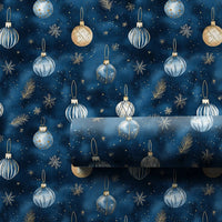Elegant Snowflake Christmas Gift Wrap, Navy Blue Gold Ornament Wrapping Paper, Winter Baubles Wrapping Paper, Holiday Present Gift Wrap Roll
