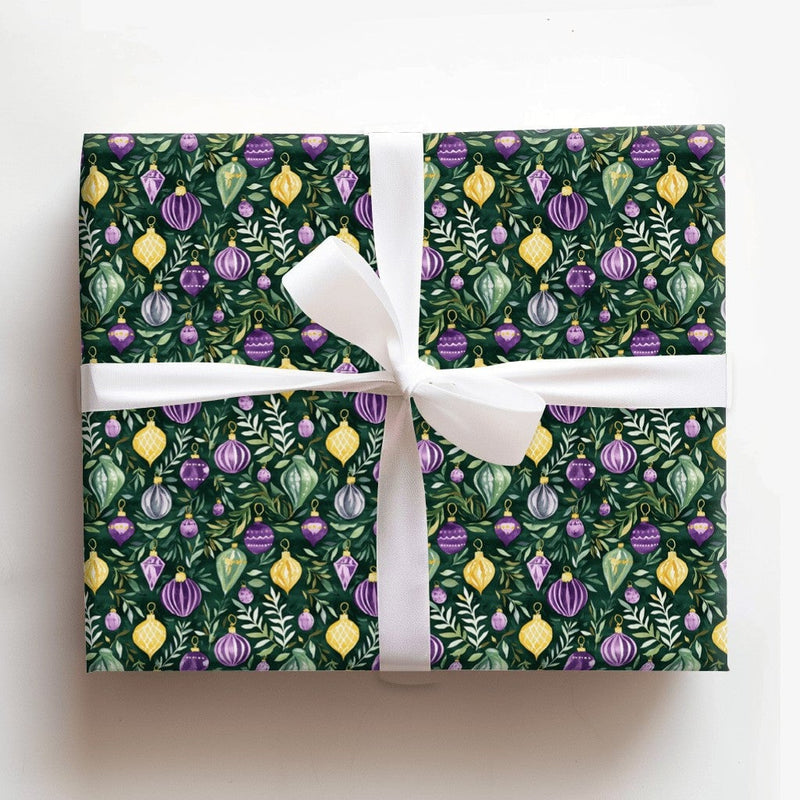 Festive Holiday Foliage Gift Wrap, Watercolor Christmas Ornament Wrapping Paper, Green Ornament Gift Wrap, Botanical Xmas Wrapping Paper