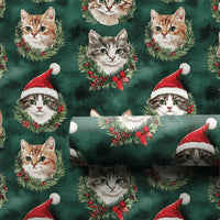 Santa Hat Kitten Gift Wrap, Christmas Cat Wrapping Paper, Holiday Wreath Cat Wrapping Paper, Festive Green Holiday Pet Lover Gift Wrap Roll
