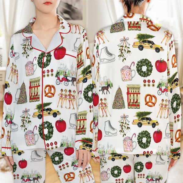 Festive NYC Holiday Pajamas, New York Christmas Satin Pajama Set, Silky Button Up Sleepwear, Winter City Graphic Lounge Set