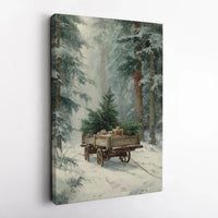 Winter Tree Cart Christmas Print, Snowy Forest Christmas Canvas Wall Art, Holiday Forest Poster, Seasonal Room Decor, Digital Download Present