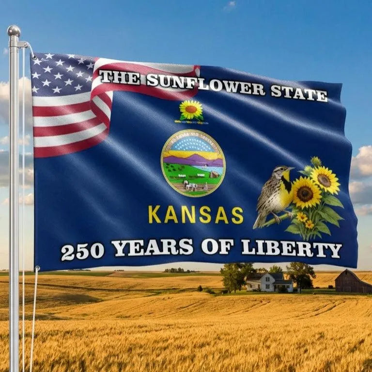 Kansas State Flag 250 Years of Liberty | Sunflower State Grommet House Flag | Double-Sided Polyester | Patriotic Home Decor Gift
