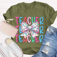 Festive Holiday Coquette Bow Shirt, Christmas Teacher Bow T-Shirt, Adorable Christmas Teacher Graphic Tee, Merry Xmas Educator Top