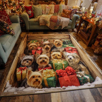 Yorkie Dog Presents Holiday Rug, Yorkshire Terrier Christmas Area Rug, Festive Puppy Floor Mat, Dog Lover Christmas Decor Present