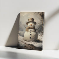 Winter Snow Scene Oil Painting Print, Vintage Snowman Canvas Wall Art, Rustic Farmhouse Christmas Poster, Digital Download Holiday Art
