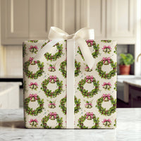 Vintage Christmas Gift Wrap, Holly Wreath Wrapping Paper, Gold Bells Holiday Wrapping Paper, Pink Bow Christmas Gift Wrap Roll